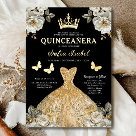 Invitación Con Relieve Metalizado Princesa de la Mariposa de Oro Floral Quinceanera