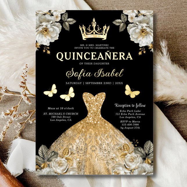 Invitación Con Relieve Metalizado Princesa de la Mariposa de Oro Floral Quinceanera (Subido por el creador)