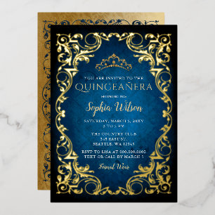 Invitación Con Relieve Metalizado Princesa de Oro Azul de época Tiara Quinceañera