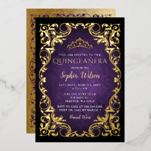 Invitación Con Relieve Metalizado Princesa de oro púrpura de la época Tiara Quinceañ