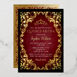 Invitación Con Relieve Metalizado Princesa de Oro Rojo Vintage Tiara Quinceañera