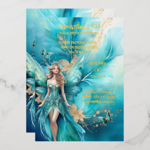 Invitación Con Relieve Metalizado Princesa hada azul dorado mitología cuento de hada