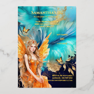 Invitación Con Relieve Metalizado Princesa hada azul turquesa naranja mitológica cue