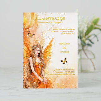 Invitación Con Relieve Metalizado Princesa hada oro naranja mítico cuento de hadas