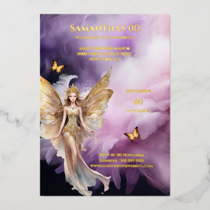 Invitación Con Relieve Metalizado Princesa hada púrpura dorada mitológica cuento de