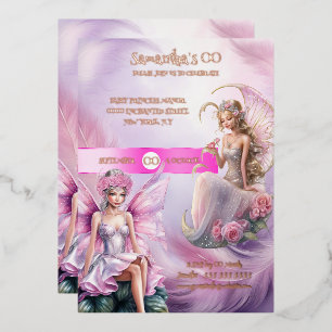 Invitación Con Relieve Metalizado Princesa hada rosa cuento de hadas acuarela niñas