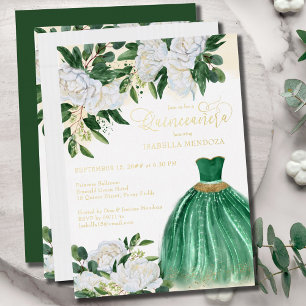 Invitación Con Relieve Metalizado Princesa Quinceañera Verde Esmeralda Dorado