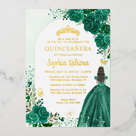 Invitación Con Relieve Metalizado Princesa Verde de Esmeralda Floral Cumpleaños Quin
