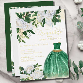 Invitación Con Relieve Metalizado Princesa Verde Esmeralda Oro Quinceanera