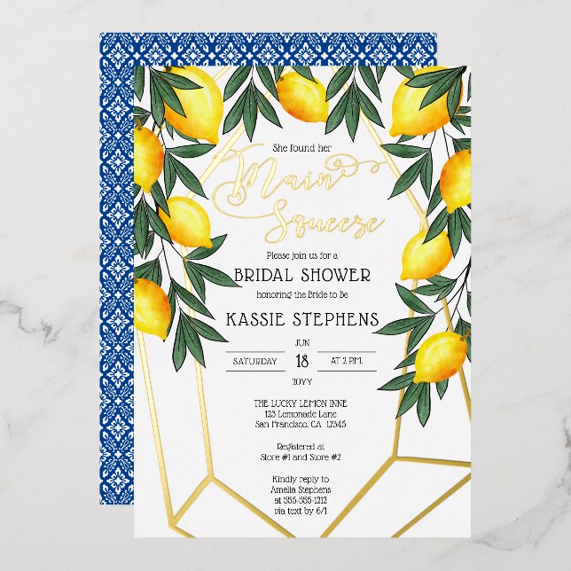 Invitación Con Relieve Metalizado Principal Squeeze Lemons Ducha Bridal Italiana - O (Anverso/Reverso)