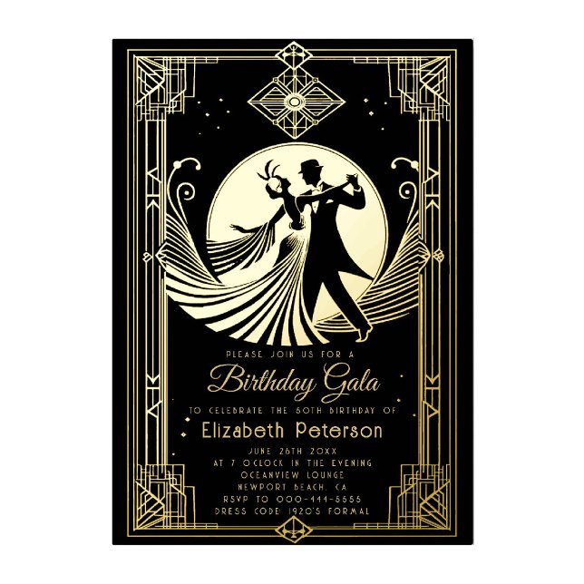 Invitación Con Relieve Metalizado Prohibición del Gatsby en Art Deco (art deco invitation birthday event gala gatsby roaring 20s prohibition black gold elegant foil)