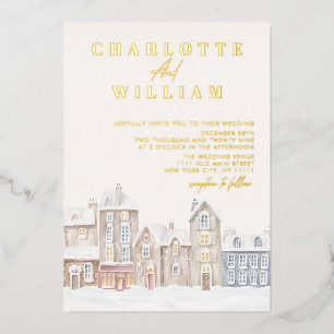 Invitación Con Relieve Metalizado Pueblo de Aldea de Navidad en Invierno Boda