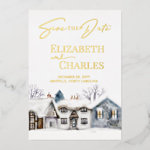 Invitación Con Relieve Metalizado Pueblo nevado boda caprichosa guardar la fecha