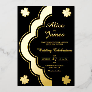 Invitación Con Relieve Metalizado Puerta de arco de trébol elegante boda de oro negr