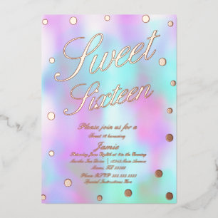 Invitación Con Relieve Metalizado Puntos holográficos Sweet Sixteen  prensados en or
