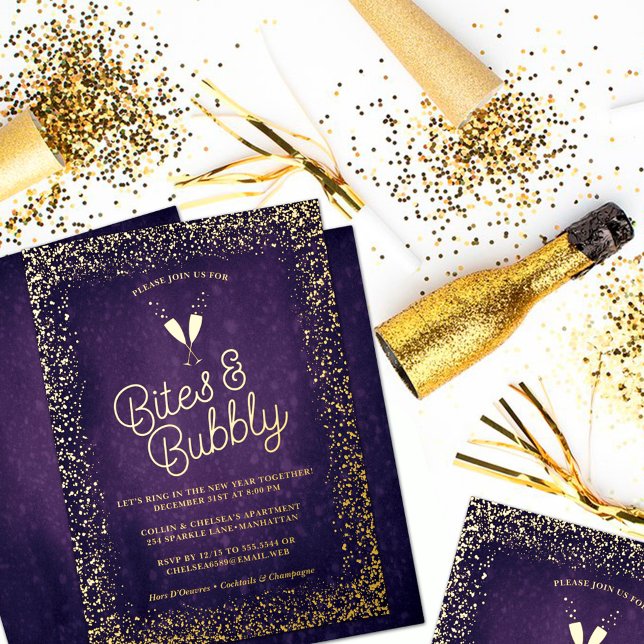 Invitación Con Relieve Metalizado Purple Bites y Bubbly Holiday Gold (Subido por el creador)