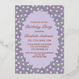 Invitación Con Relieve Metalizado Purple Floral Birthday