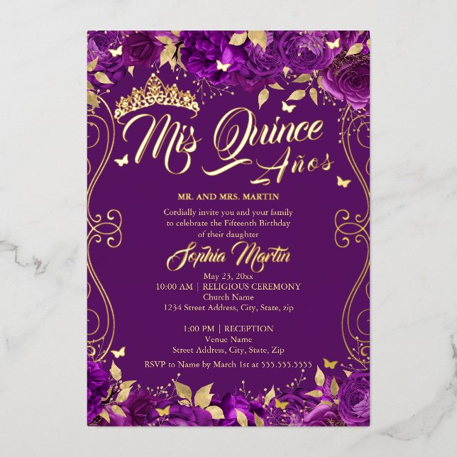 Invitación Con Relieve Metalizado Purple Floral Garden Gold Mis Quince Quinceanera (Anverso)