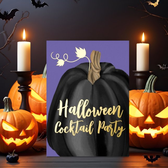 Invitación Con Relieve Metalizado Purple Gold Pumpkin Halloween Cocktail Fiesta (Purple Gold Pumpkin Halloween Cocktail Party Foil Invitation)