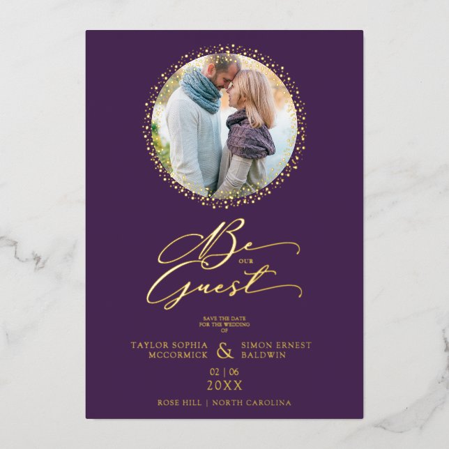 Invitación Con Relieve Metalizado Purple Minimalist Wedding Fancy Round Photo (Anverso)