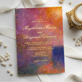Invitación Con Relieve Metalizado Purple & Orange Sunset Sky Monet Fine Art Wedding