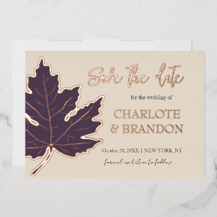 Invitación Con Relieve Metalizado Purple  Otoño Hoja de Arce Boda Save The Date 