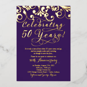 Invitación Con Relieve Metalizado Purple Real Gold 50° aniversario Boda