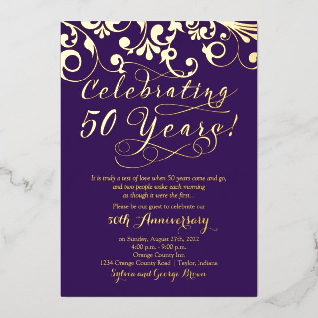 Invitación Con Relieve Metalizado Purple Real Gold 50° aniversario Boda (Anverso)