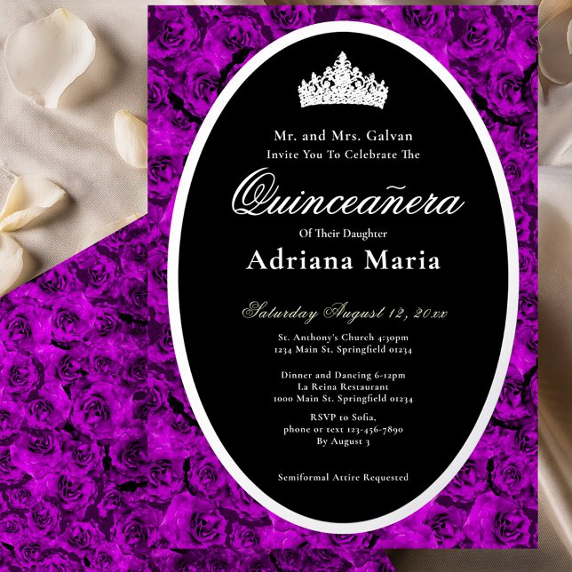 Invitación Con Relieve Metalizado Purple Roses Elegant Silver Floral Quinceanera   (Subido por el creador)