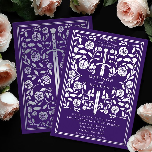Invitación Con Relieve Metalizado Purple Royal Medieval Silver Sword Wedding (Subido por el creador)
