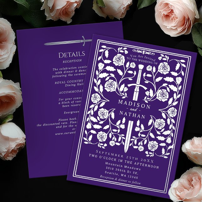 Invitación Con Relieve Metalizado Purple Royal Medieval Silver Sword Wedding Details (Subido por el creador)