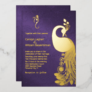 Invitación Con Relieve Metalizado Púrpura con pavo real de oro y Boda de Ganesha
