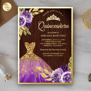 Invitación Con Relieve Metalizado Púrpura Floral Sparkke Vestido Madera Quinceanera 