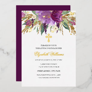 Invitación Con Relieve Metalizado Púrpura Oro Amatista Floral Niña Bautizo Hojalata
