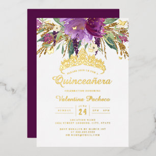 Invitación Con Relieve Metalizado Púrpura Oro Amatista Floral Quinceañera