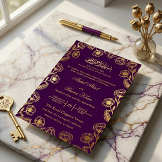 Invitación Con Relieve Metalizado Púrpura Real Floral Hoja de Oro Islámico Musulmán