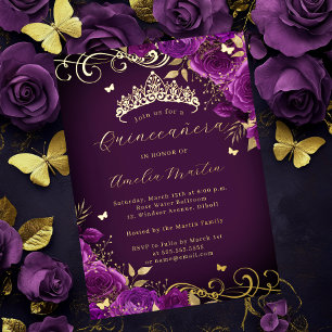 Invitación Con Relieve Metalizado Púrpura Rosa Floral Gold Swirl Quinceanera