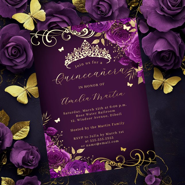 Invitación Con Relieve Metalizado Púrpura Rosa Floral Gold Swirl Quinceanera (Subido por el creador)