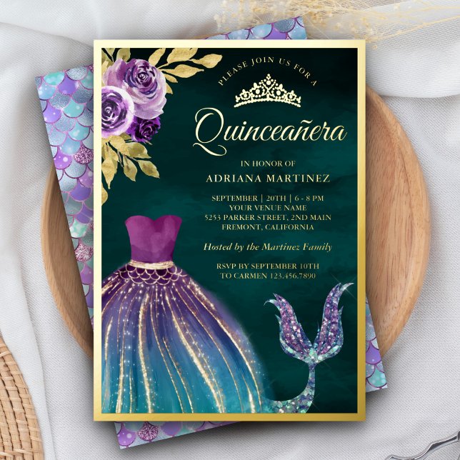 Invitación Con Relieve Metalizado Púrpura Sirena Verde azulada Tail Dark Quinceanera (Subido por el creador)