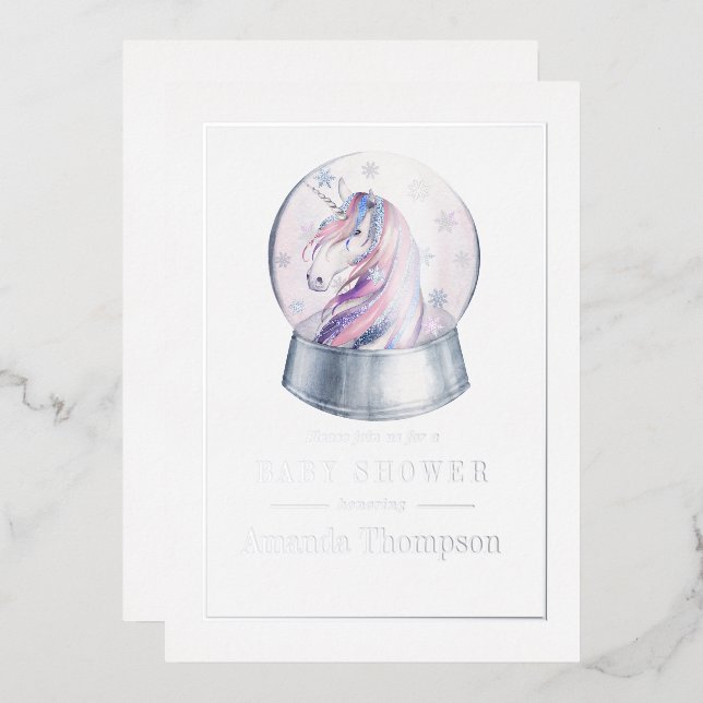 Invitación Con Relieve Metalizado Purpurina de acuarela Navidades Unicorn Baby Showe (Anverso/Reverso)
