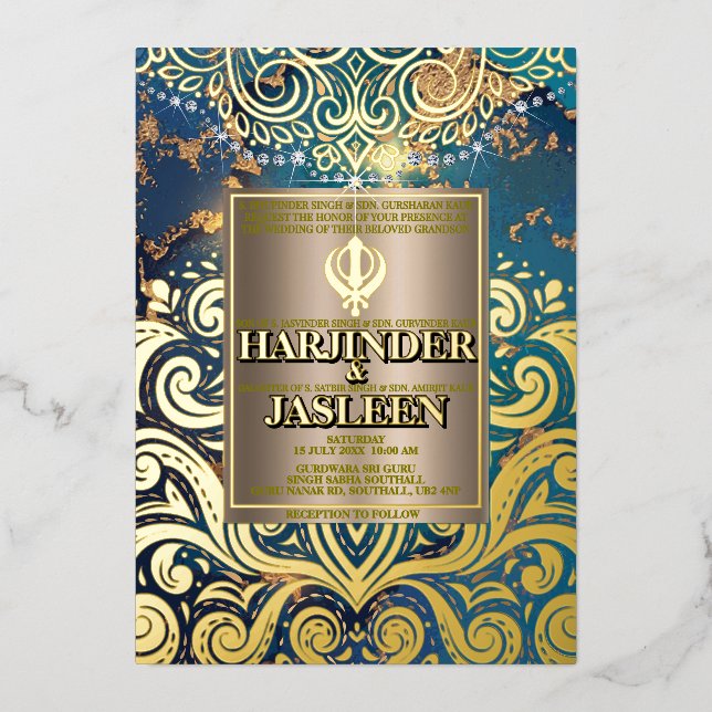 Invitación Con Relieve Metalizado Purpurina de lujo Blue Sikh Anand Karaj Indian (Anverso)