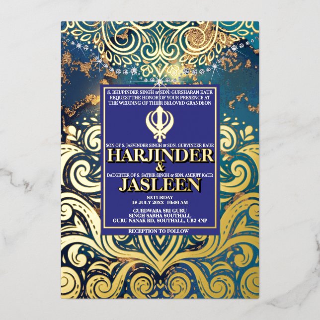 Invitación Con Relieve Metalizado Purpurina de lujo Blue Sikh Anand Karaj Indian (Anverso)