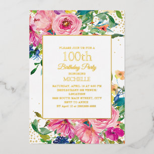 Invitación Con Relieve Metalizado Purpurina de oro amarillo rosado floral 100 cumple