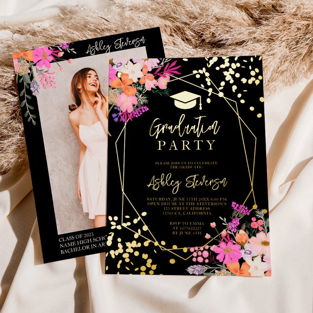 Invitación Con Relieve Metalizado Purpurina de oro de acuarela floral graduación de  (Subido por el creador)