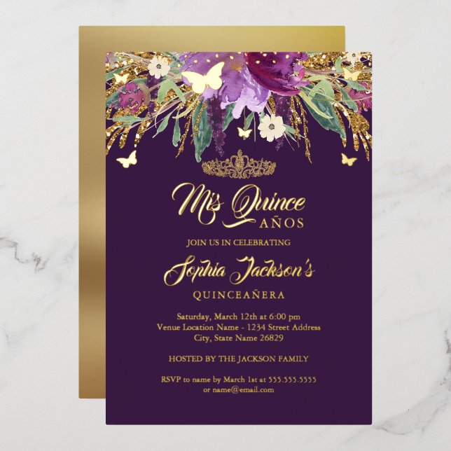 Invitación Con Relieve Metalizado Purpurina de oro floral Sparkling Amethyst Quincea (Anverso/Reverso)
