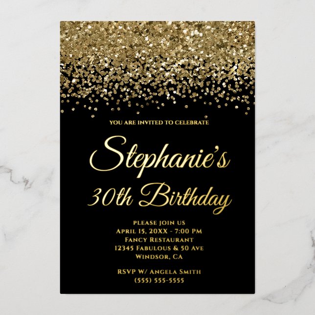 Invitación Con Relieve Metalizado Purpurina de oro Glam Black 30 cumpleaños (Anverso)