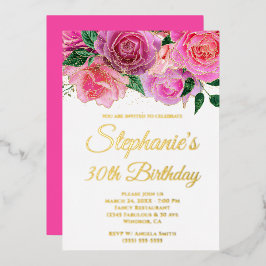 Invitación Con Relieve Metalizado Purpurina de oro Rosa rosado caliente Glam 30 cump
