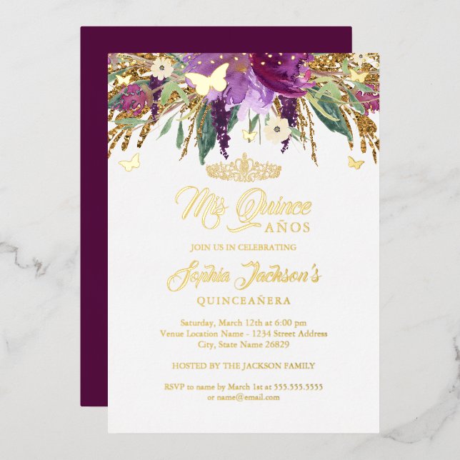Invitación Con Relieve Metalizado Purpurina floral Sparkling Amethyst Quinceanera (Anverso/Reverso)