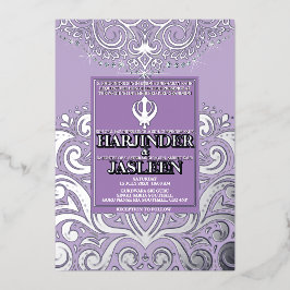 Invitación Con Relieve Metalizado Purpurina Lavender Silver Sikh Anand Karaj Boda
