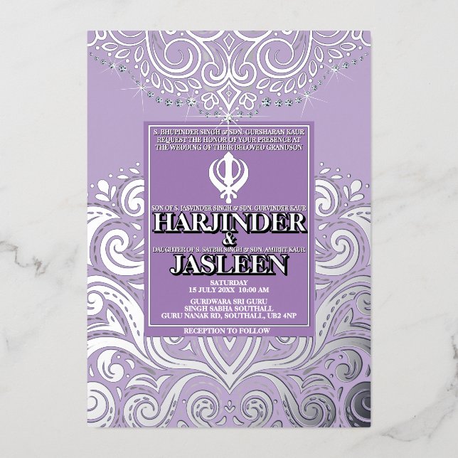 Invitación Con Relieve Metalizado Purpurina Lavender Silver Sikh Anand Karaj Boda (Anverso)